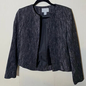 EUC H&M Black Metallic Shiny Sparkly Silver Stripe Thread Open Party Blazer Sz 8